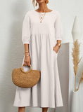 Lantern sleeve loose cotton and linen pocket dress