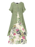 Autumn Cotton-linen print round neck fake two-piece dress short sleeve pullover Dress