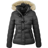 Women Parkas Casual Fur Collar Horn Buckle Cotton Solid Jacket