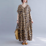 Cotton Large size V-neck leopard print short-sleeved long dress