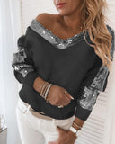 Sequin Patchwork V Neck Fuzzy Top