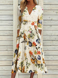 Mid-sleeve Printed V-neck Midi Dress