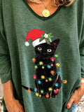 Christmas Cat Pattern V-neck Loose T-shirt