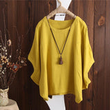 Batwing Sleeve Round Neck Solid Color Cotton Linen Blouses Tops