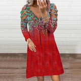 Autumn Women V Neck Zipper Print Casual Long Sleeve Short Dres