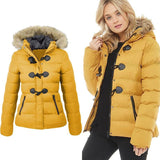 Women Parkas Casual Fur Collar Horn Buckle Cotton Solid Jacket