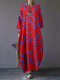 Cotton retro round neck pullover print loose design dress