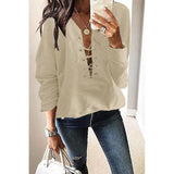 V-Neck Lace Up Solid Color T-Shirt