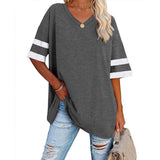 Loose Half-Sleeved V-Neck Contrast Color Waist T-Shirt