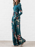 Floral Print Long Sleeve Pockets Empire Waist Dress