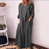 Cotton and Linen Solid Color Ankle Dress