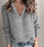 Lace loose long sleeve solid color V-neck sweater