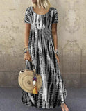 COTTON Round Neck Tie Dye Printed Long Loose Plus Size Dresses