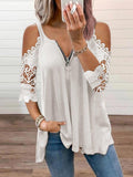 Sexy Half Sleeve Lace Shirt Casual Zipper V Neck Loose