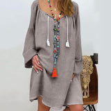 Solid Color Linen Drawstring V Neck Dress