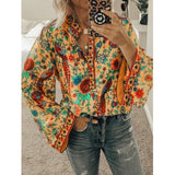 Print Blouses Casual Loose Stand V Neck Long Sleeves