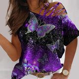 Casual O-neck Short Sleeve Shirts Butterfly Printed Tops