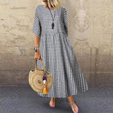 Plaid Casual Short-sleeved Round Neck Maxi Dress