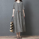 Cotton and Linen Loose Large Size Irregular Patchwork Plaid Dress