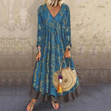 V-neck seven-point sleeve retro printing fake two dress