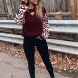 Cross V-neck leopard print hit color casual long-sleeved T-shirt