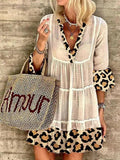 Summer Women's Fashion Leopard Print Stitching Cotton and Linen Dress