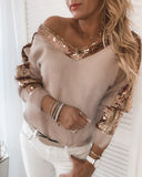 Sequin Patchwork V Neck Fuzzy Top