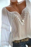 large cotton linen women's blouse tops V-neck lace shirt