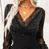 Lace Polka Dot V-neck Sexy Hollow Long Sleeve Top