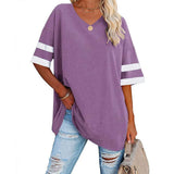 Loose Half-Sleeved V-Neck Contrast Color Waist T-Shirt