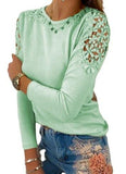 Pure Color Slim Lace Hollow Long Sleeve T-Shirt