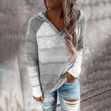 Autumn Women Patchwork Hooded Long Sleeve V-neck Knitted Sweater