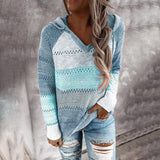 Autumn Women Patchwork Hooded Long Sleeve V-neck Knitted Sweater