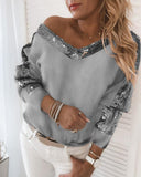 Sequin Patchwork V Neck Fuzzy Top