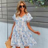 Ladies Vintage Sexy Print Short Summer Dress Women Casual V Neck Ruffles Beach Mini Chiffon Women Sundress