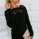 Elegant Plus Size Solid Color Long Sleeve O-Neck Floral Lace Pullover Casual Sweater