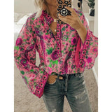 Print Blouses Casual Loose Stand V Neck Long Sleeves