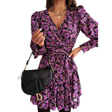 Long Lantern Sleeve Print Wrap Dress