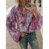 Print Blouses Casual Loose Stand V Neck Long Sleeves