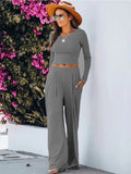 Two-Piece Round Neck Solid Color Long Sleeves Set