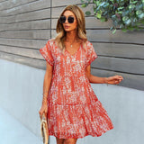 Ladies Vintage Sexy Print Short Summer Dress Women Casual V Neck Ruffles Beach Mini Chiffon Women Sundress