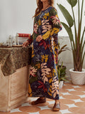 Casual Leaves Printed Long Sleeve Round Neck Maxi Dress