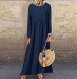 Long-sleeve casual loose cotton and linen dress