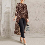 Women Leopard Print High Low Hem Holiday Blouse