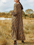 Brown Floral Printed Long Sleeve Dress