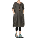 Plus size summer new round neck cotton and linen washed lantern dress