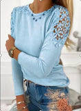 Pure Color Slim Lace Hollow Long Sleeve T-Shirt