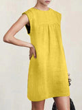 Round Neck Short Sleeve Stitching Casual Cotton Linen Women Dress