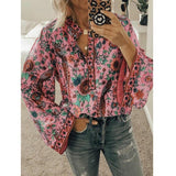 Print Blouses Casual Loose Stand V Neck Long Sleeves