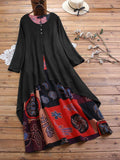 Women Long Sleeve Cotton-Linen Fake 2 Piece Patchwork Split Maxi Dress